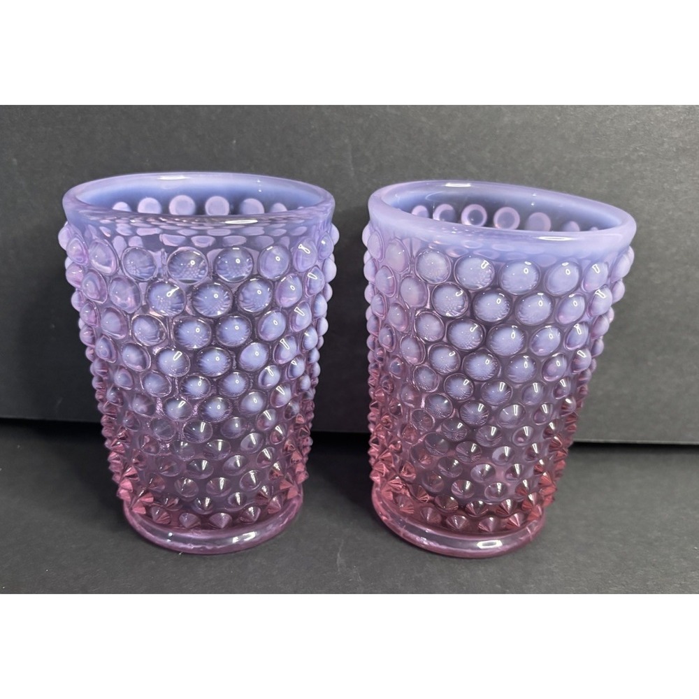 2 Fenton Hobnail Juice Glasses Tumblers Opalescent Light Purple Pink 4" Tall